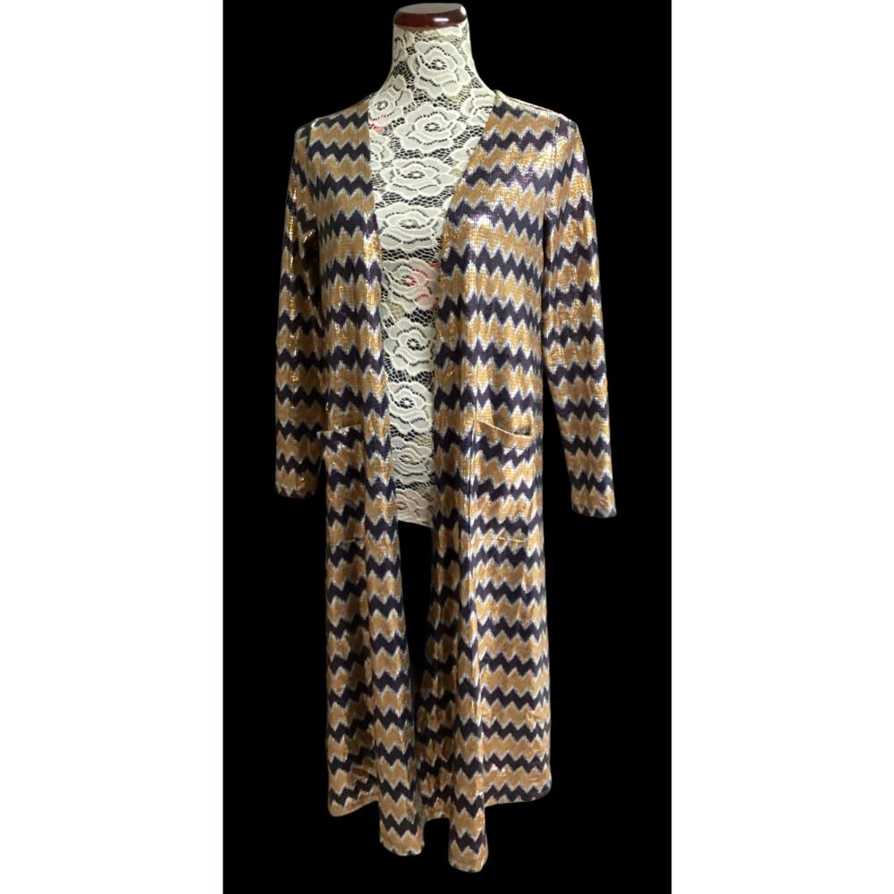 LuLaRoe Sarah duster cardigan gold, silver, and black chevron pattern size S